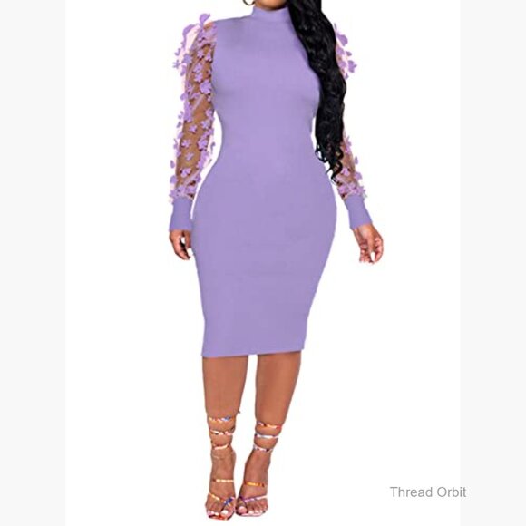 Ribbed Bodycon Midi Dress Long Sleeve Lace Turtle Neck Party Club - Picture 2 of 4